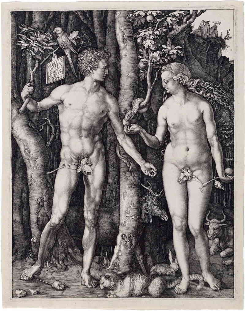 Adam et Eve dans le jardin d'Eden. Le serpent apporte à Eve le fruit interdit qui ouvrira les yeux de Eve puis de Adam.